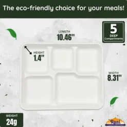 5 Compartment Square Biodegradable Divided Plates - Pack Of 500 - Rani Brand Authentic Indian Products