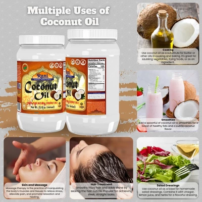 Coconut Oil (100% Pure Natural Coconut Oil) Cold Pressed - 15 Fl Oz (444ml) Pack Of 2 - Rani Brand Authentic Indian Products 3 Coconut Oil (100% Pure Natural Coconut Oil) Cold Pressed - 15 Fl Oz (444ml) Pack Of 2 - Rani Brand Authentic Indian Products