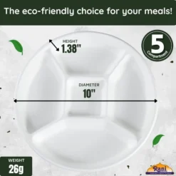 5 Compartment Round Biodegradable Divided Plates - Pack Of 250 - Rani Brand Authentic Indian Products